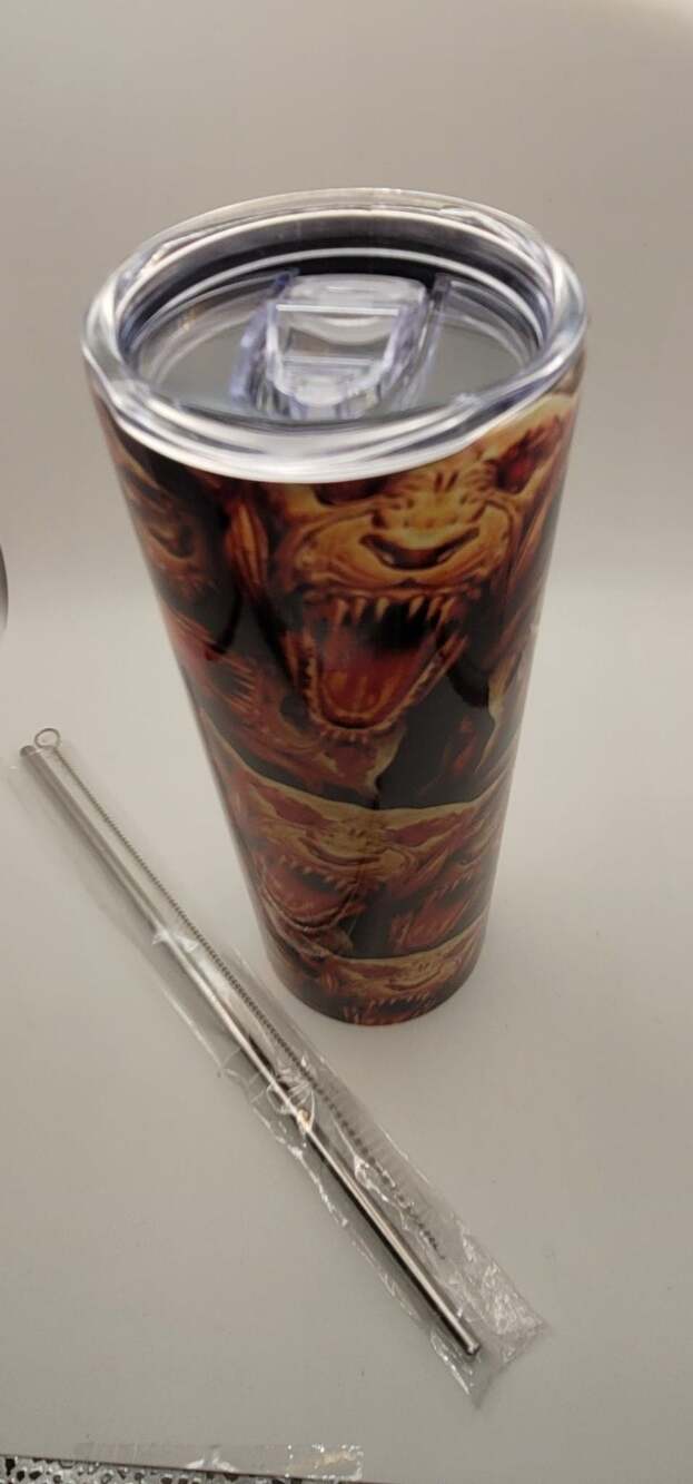 20oz Monster Goblin Creep Skinny Tumbler with Straw and brush.